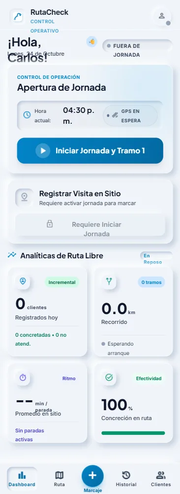 Dashboard de RutaCheck con la jornada activa y las métricas del día